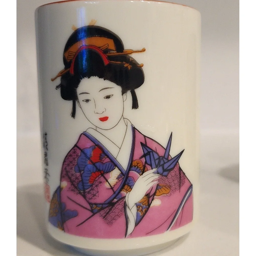 Furisode Kimono Japanese Geisha Tea Cups Artist Signed Set Of 4